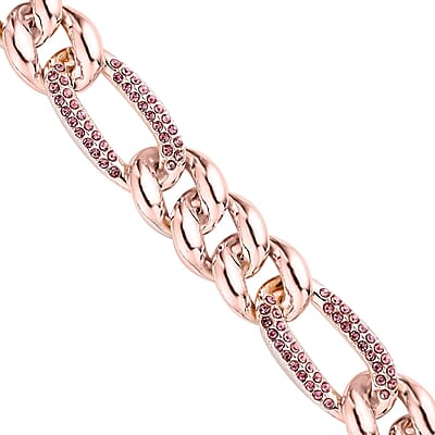 Pink Austrian Crystal Figaro Link Necklace 18.5-22.50 Inches in Rosetone