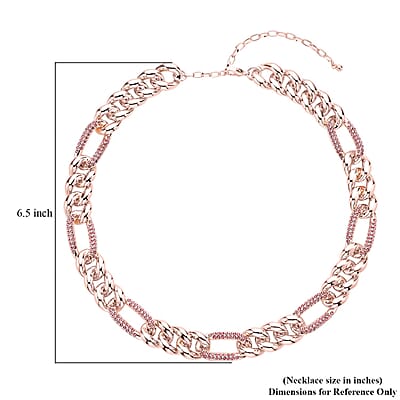 Pink Austrian Crystal Figaro Link Necklace 18.5-22.50 Inches in Rosetone