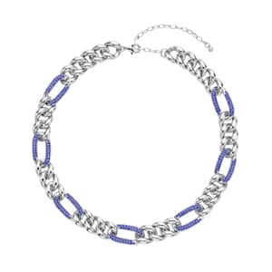 Blue Austrian Crystal Figaro Link Necklace 18.5-22.50 Inches in Silvertone