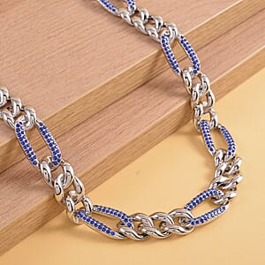 Blue Austrian Crystal Figaro Link Necklace 18.5-22.50 Inches in Silvertone