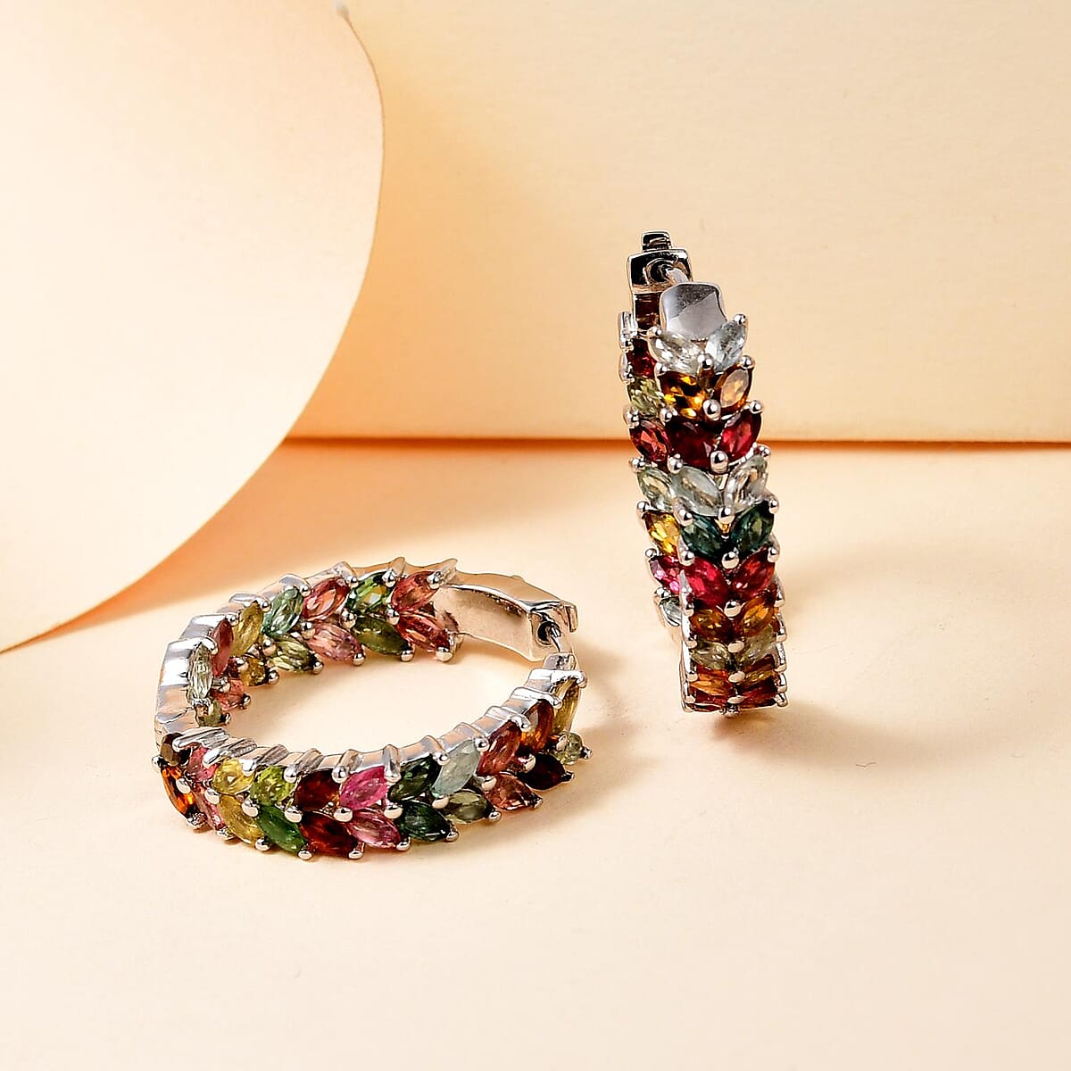 Multi-Tourmaline  J Hoop Half Hoop Earring in Platinum Overlay Sterling Silver 6.05 ctw ,  Silver Wt. 11.3 g image number 1