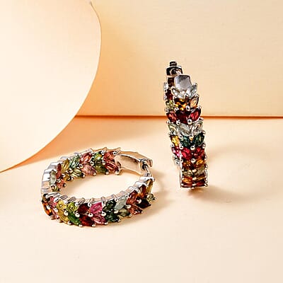 Multi-Tourmaline Inside Out Hoop Earrings in Platinum Over Sterling Silver 6.90 ctw