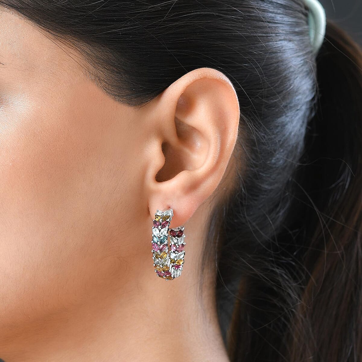 Multi-Tourmaline  J Hoop Half Hoop Earring in Platinum Overlay Sterling Silver 6.05 ctw ,  Silver Wt. 11.3 g image number 2