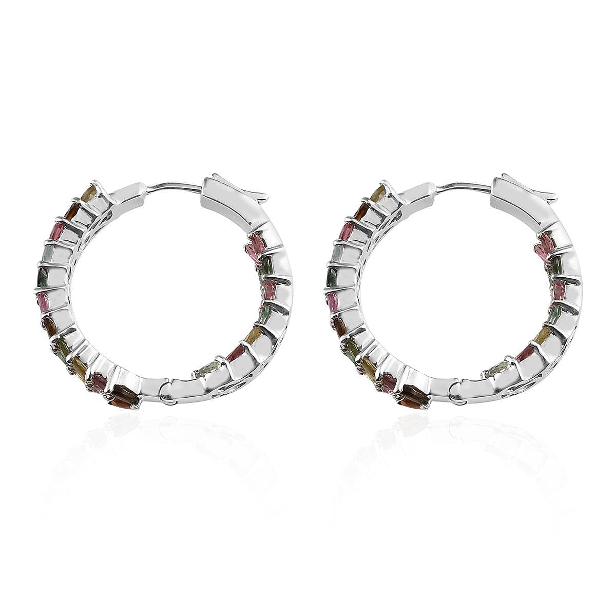 Multi-Tourmaline  J Hoop Half Hoop Earring in Platinum Overlay Sterling Silver 6.05 ctw ,  Silver Wt. 11.3 g image number 3