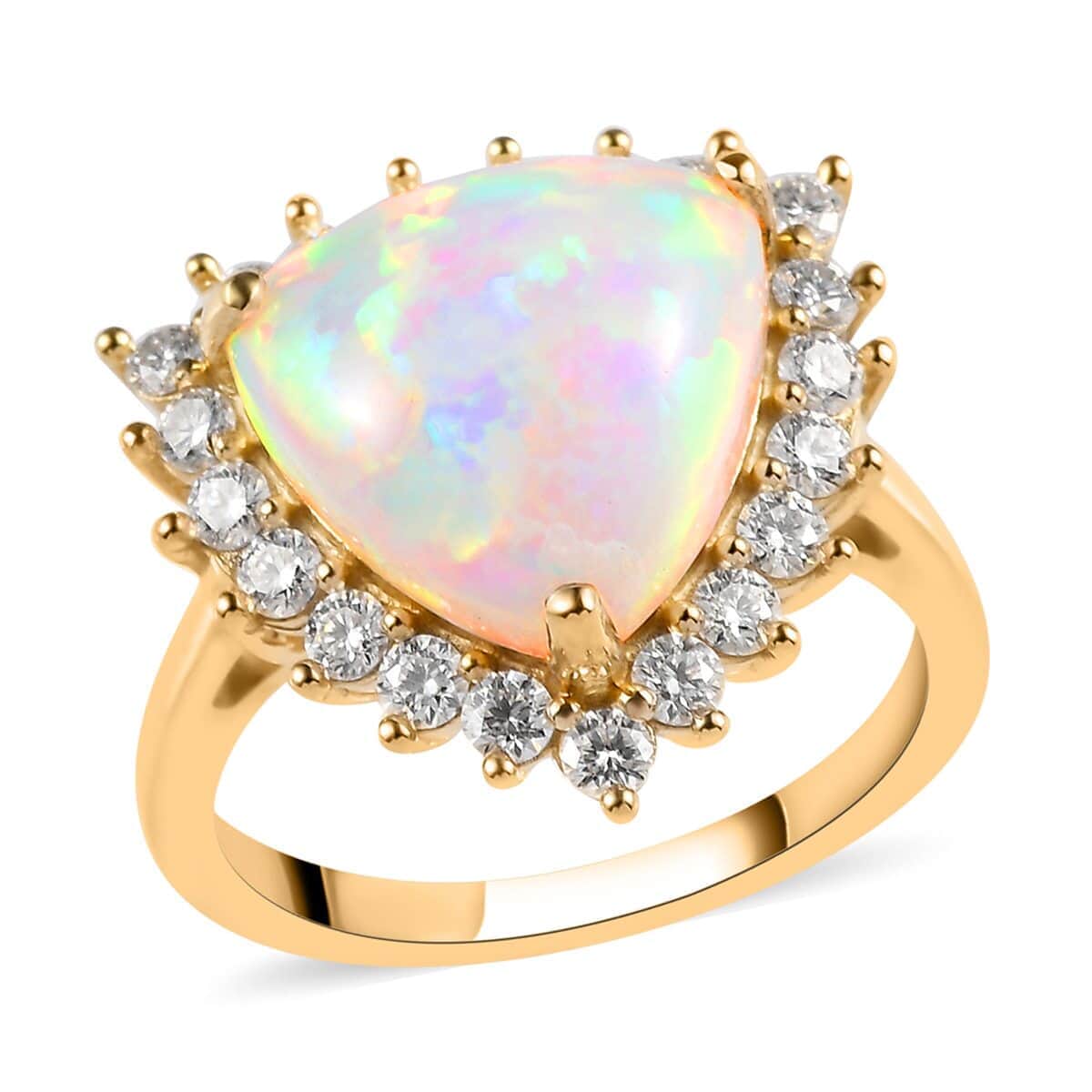 Premium Ethiopian Welo Opal and Moissanite Halo Ring in Vermeil Yellow Gold Over Sterling Silver (Size 10.0) 4.10 ctw image number 0