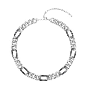 Black Austrian Crystal Figaro Link Necklace 18.5-22.50 Inches in Silvertone