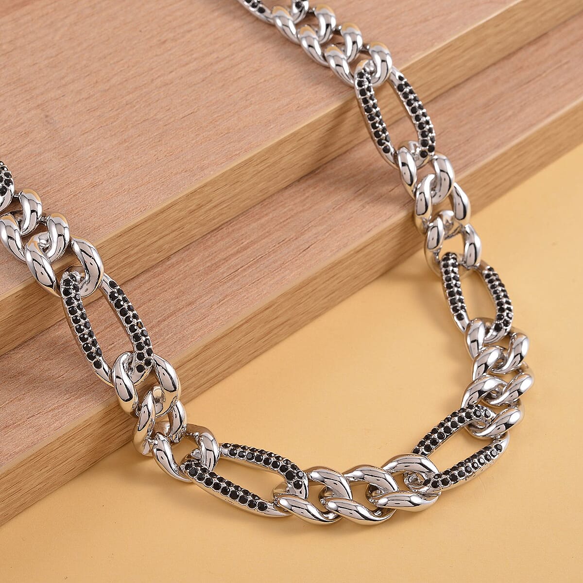 Black Austrian Crystal Figaro Link Necklace 18.5-22.50 Inches in Silvertone image number 1