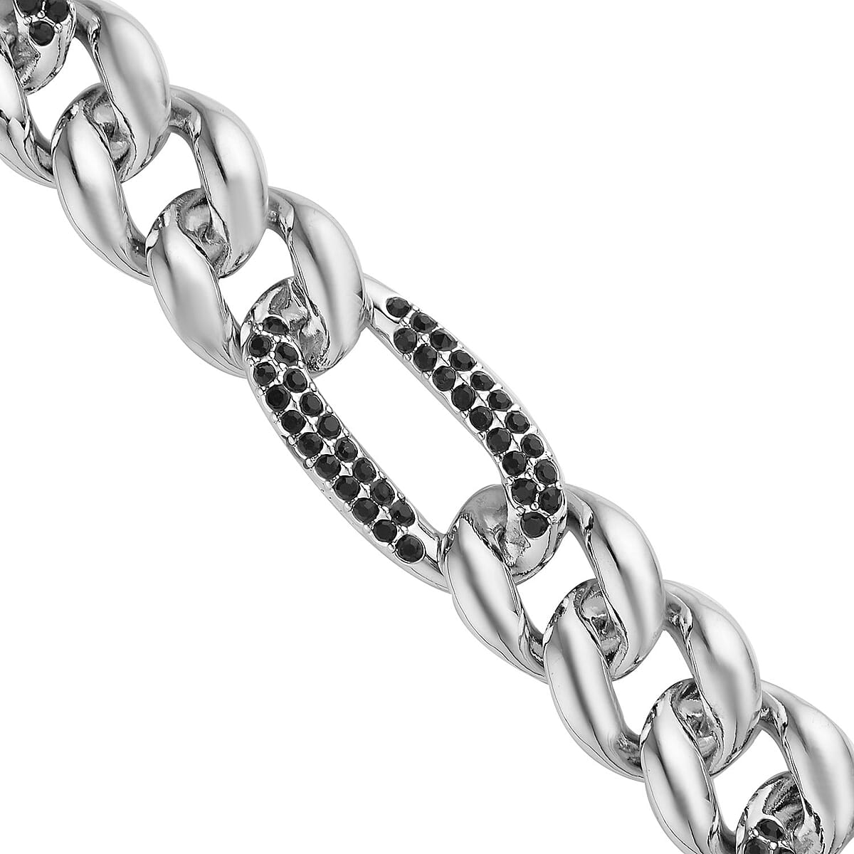 Black Austrian Crystal Figaro Link Necklace 18.5-22.50 Inches in Silvertone image number 3