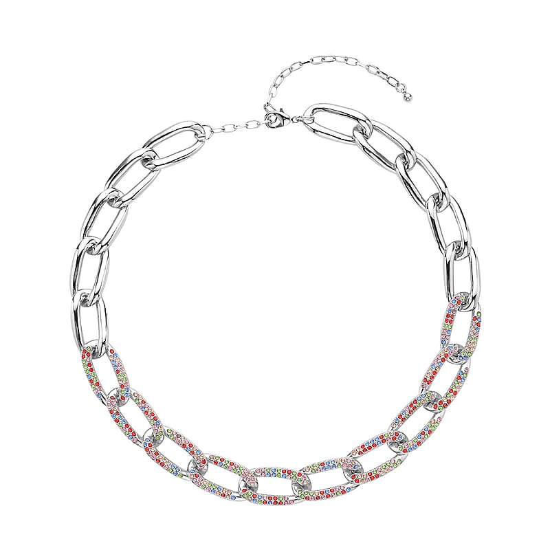 Multi Color Austrian Crystal Paperclip Necklace (18.5-22.50 Inches) in Silvertone