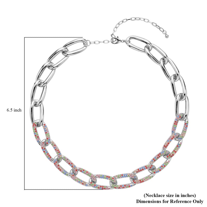 Multi Color Austrian Crystal Paperclip Necklace (18.5-22.50 Inches) in Silvertone