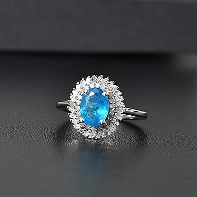 Malgache Neon Apatite and Diamond Double Halo Swirl Ring in Platinum Over Sterling Silver (Size 10.0) 1.20 ctw