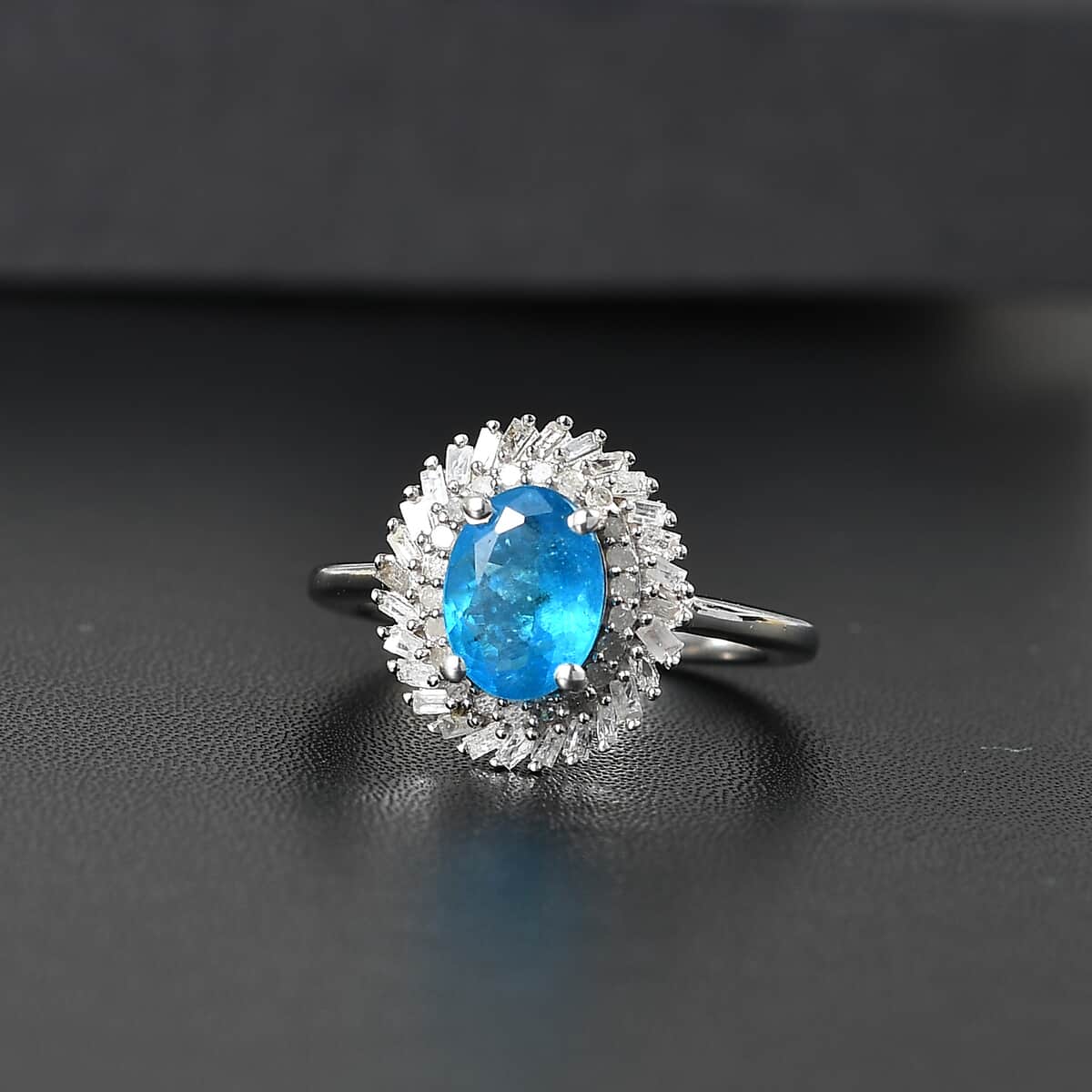 TLV Malgache Neon Apatite, Diamond (0.30 cts) Halo Ring in Platinum Over Sterling Silver (Size 10.0) 1.15 ctw image number 1