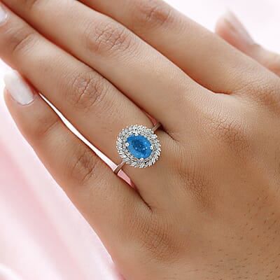 Malgache Neon Apatite and Diamond Double Halo Swirl Ring in Platinum Over Sterling Silver (Size 10.0) 1.20 ctw
