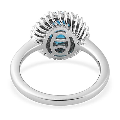 Malgache Neon Apatite and Diamond Double Halo Swirl Ring in Platinum Over Sterling Silver (Size 10.0) 1.20 ctw