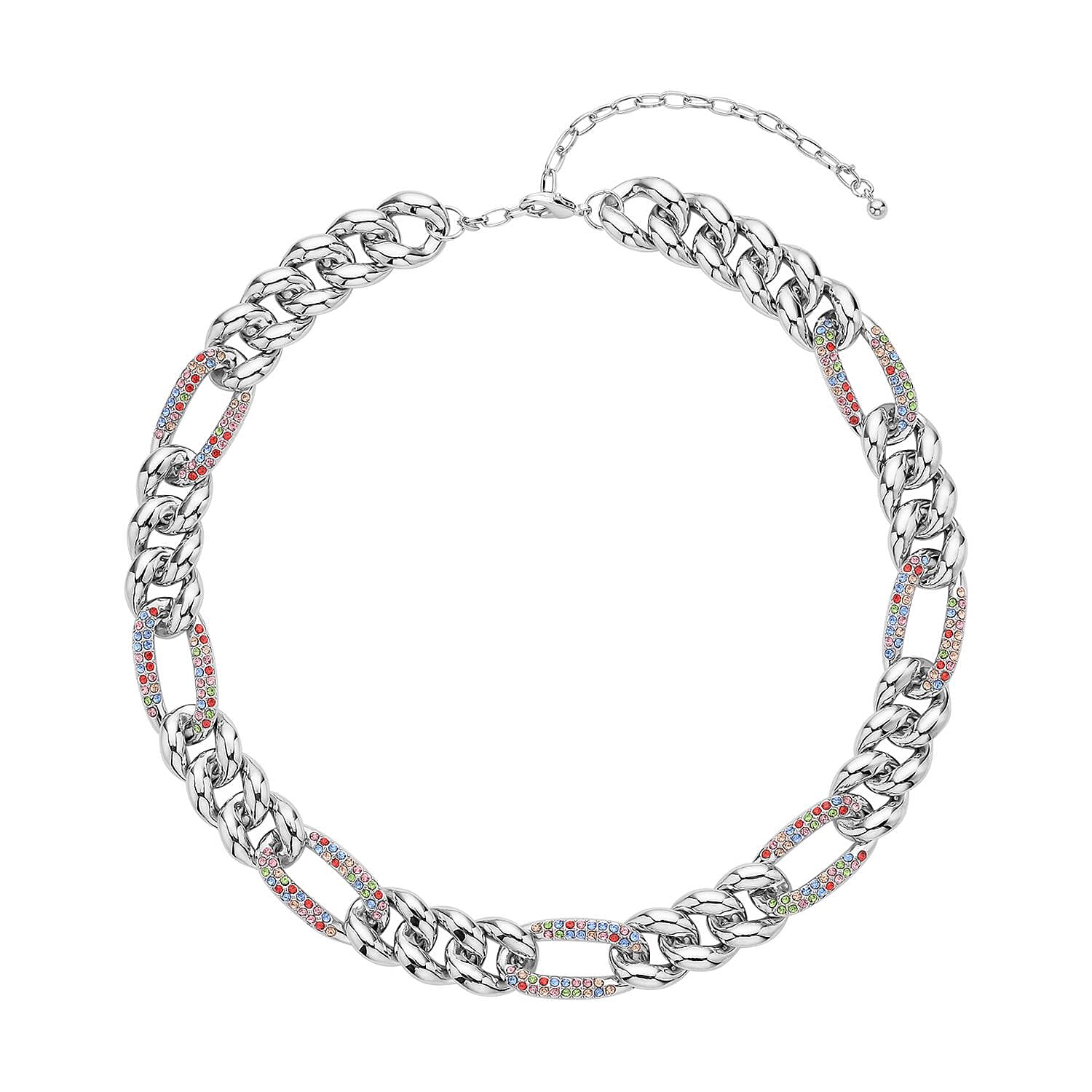 Multi Color Austrian Crystal Figaro Link Necklace 18.5-22.50 Inches in Silvertone