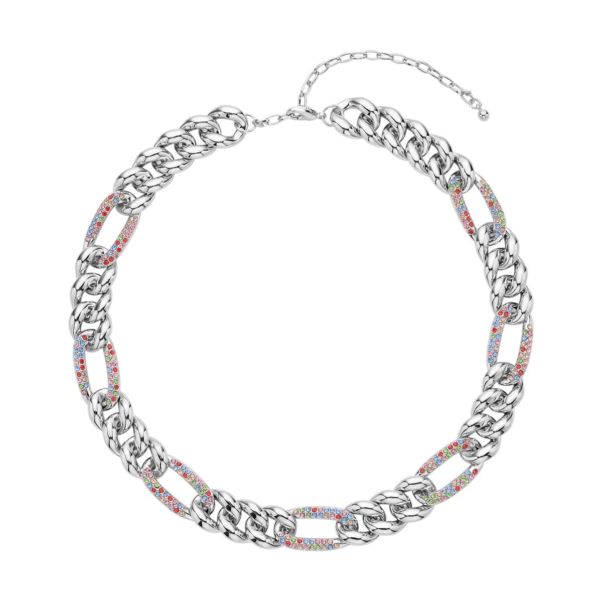 Multi Color Austrian Crystal Figaro Link Necklace 18.5-22.50 Inches in Silvertone image number 0