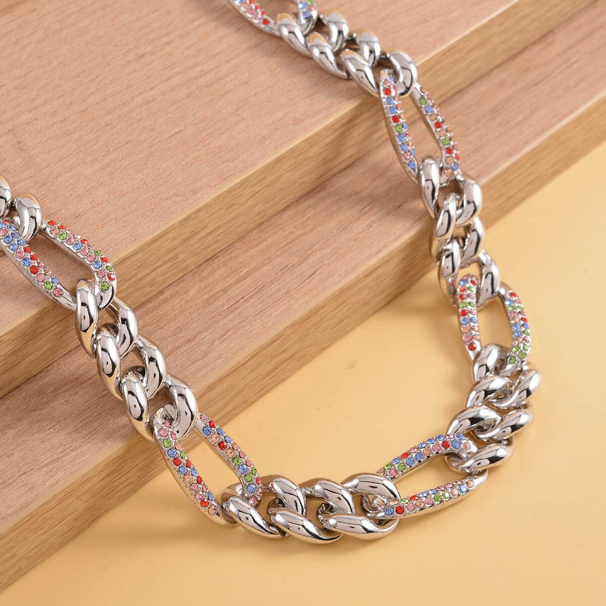 Multi Color Austrian Crystal Figaro Link Necklace 18.5-22.50 Inches in Silvertone image number 1