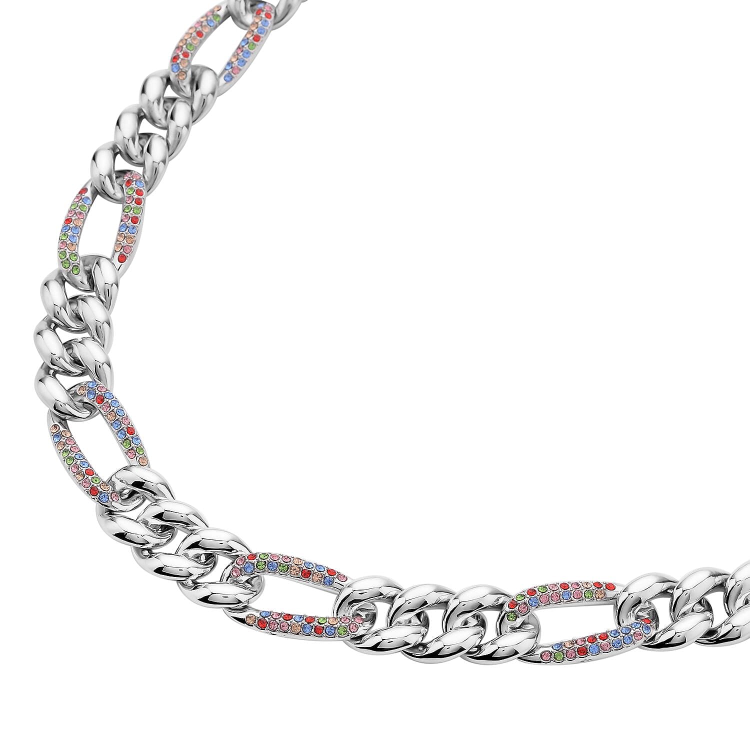 Multi Color Austrian Crystal Figaro Link Necklace 18.5-22.50 Inches in Silvertone