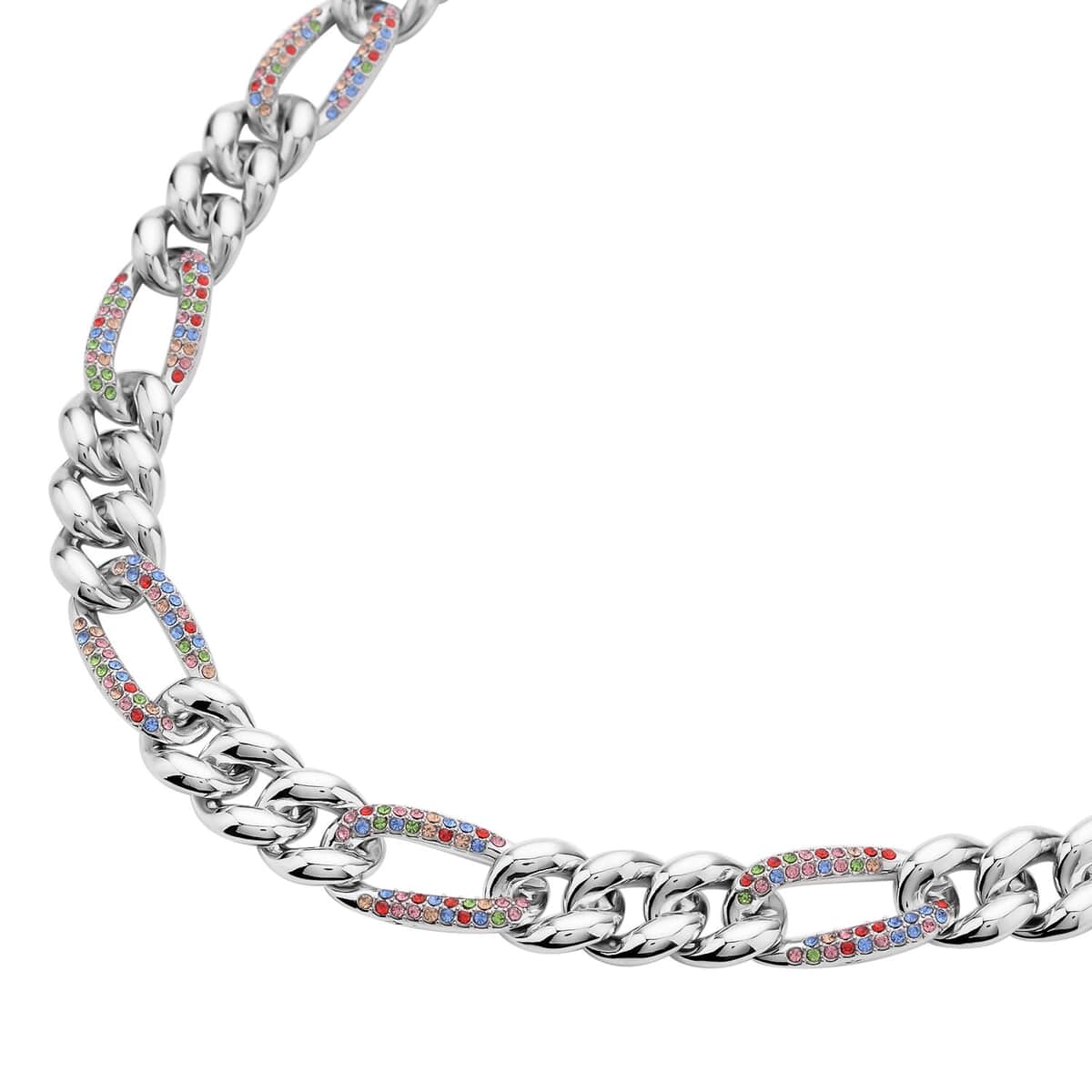 Multi Color Austrian Crystal Figaro Link Necklace 18.5-22.50 Inches in Silvertone image number 2