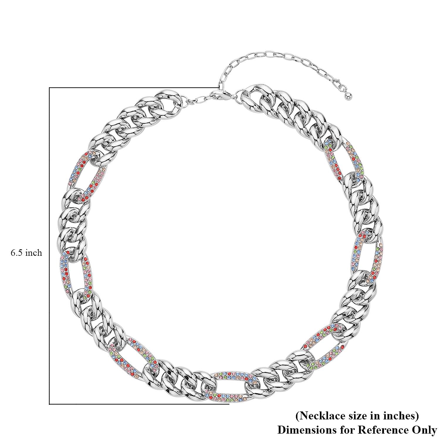 Multi Color Austrian Crystal Figaro Link Necklace 18.5-22.50 Inches in Silvertone