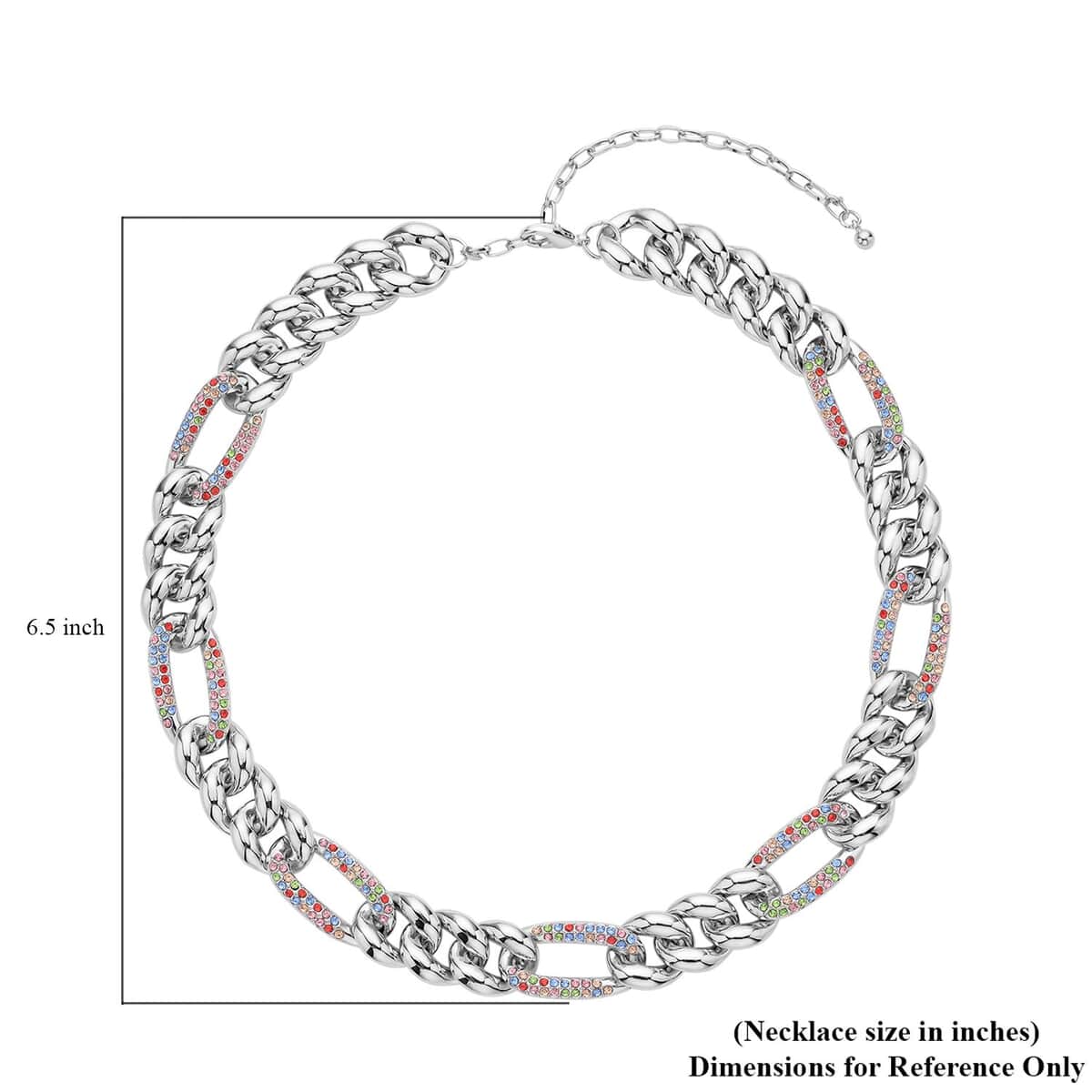 Multi Color Austrian Crystal Figaro Link Necklace 18.5-22.50 Inches in Silvertone image number 4