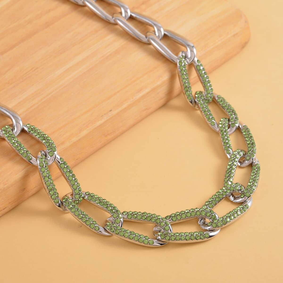 Neon Green Austrian Crystal Paperclip Necklace 18.5-22.50 Inches in Silvertone image number 1