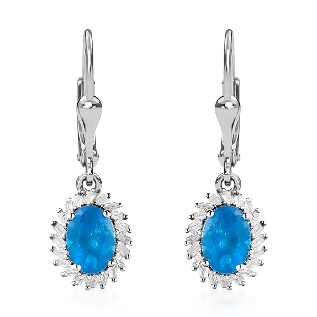 Malgache Neon Apatite and Diamond Halo Lever Back Earrings in Platinum Over Sterling Silver 1.75 ctw image number 0