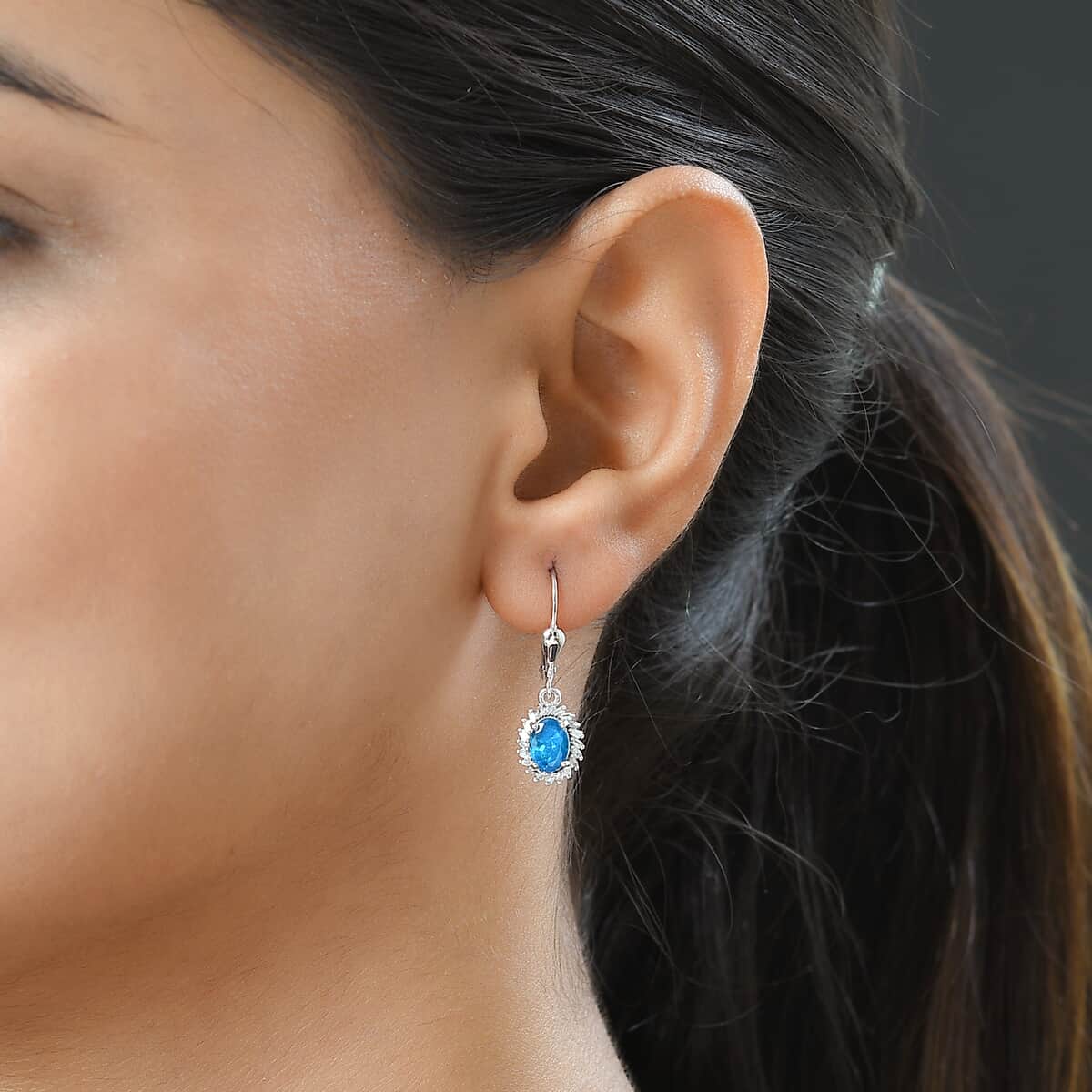 TLV Malgache Neon Apatite, Diamond Lever Back Earrings in Platinum Over Sterling Silver 1.75 ctw image number 2