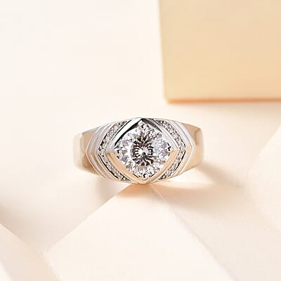 100 Facet Moissanite Men's Ring in Platinum Over Sterling Silver (Size 10.0) 1.85 ctw