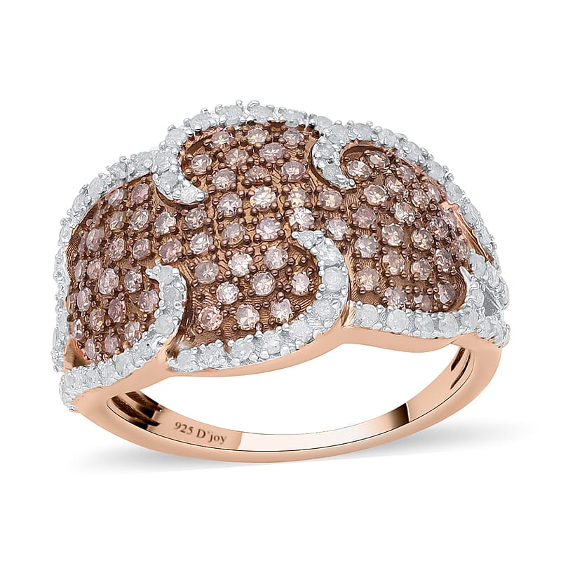 Natural Champagne and White Diamond Ring in Rhodium and Vermeil Rose Gold Over Sterling Silver (Size 10.0) 1.00 ctw