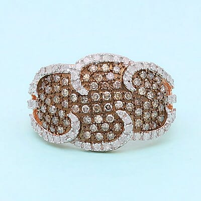 Natural Champagne and White Diamond Ring in Rhodium and Vermeil Rose Gold Over Sterling Silver (Size 10.0) 1.00 ctw