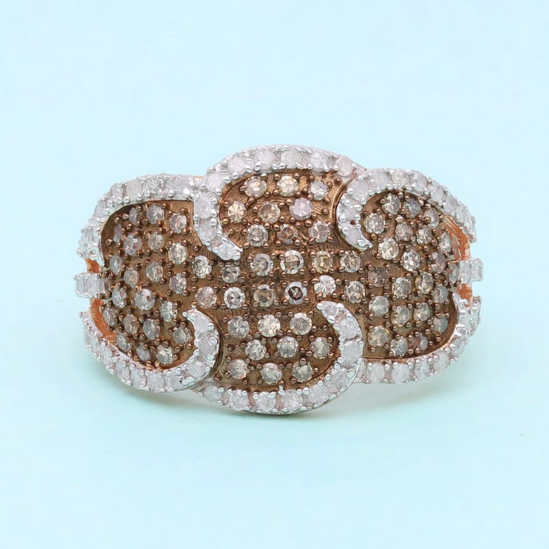 Natural Champagne and White Diamond Ring in Rhodium and Vermeil Rose Gold Over Sterling Silver (Size 10.0) 1.00 ctw