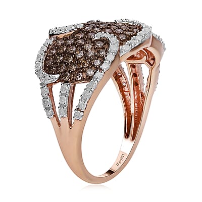 Natural Champagne and White Diamond Ring in Rhodium and Vermeil Rose Gold Over Sterling Silver (Size 10.0) 1.00 ctw