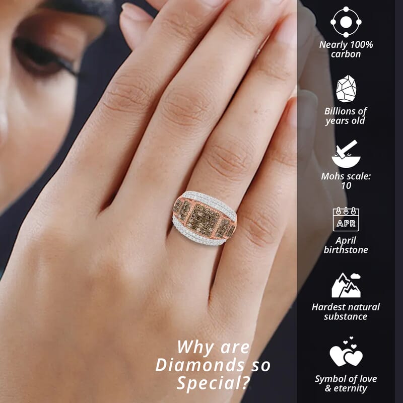 Natural Champagne Diamond Deco Cluster Ring , White Diamond Accent Ring , Champange Diamond Ring ,Diamond Cluster Ring , Vermeil RG Over Sterling Silver Ring 1.10 ctw