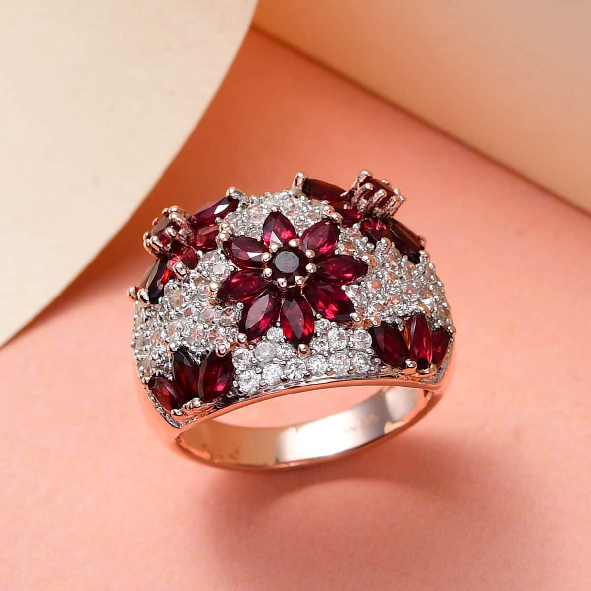 American Arizona Anthill Garnet and Natural White Zircon Floral Ring in Vermeil Rose Gold Over Sterling Silver (Size 10.0) 3.90 ctw image number 1
