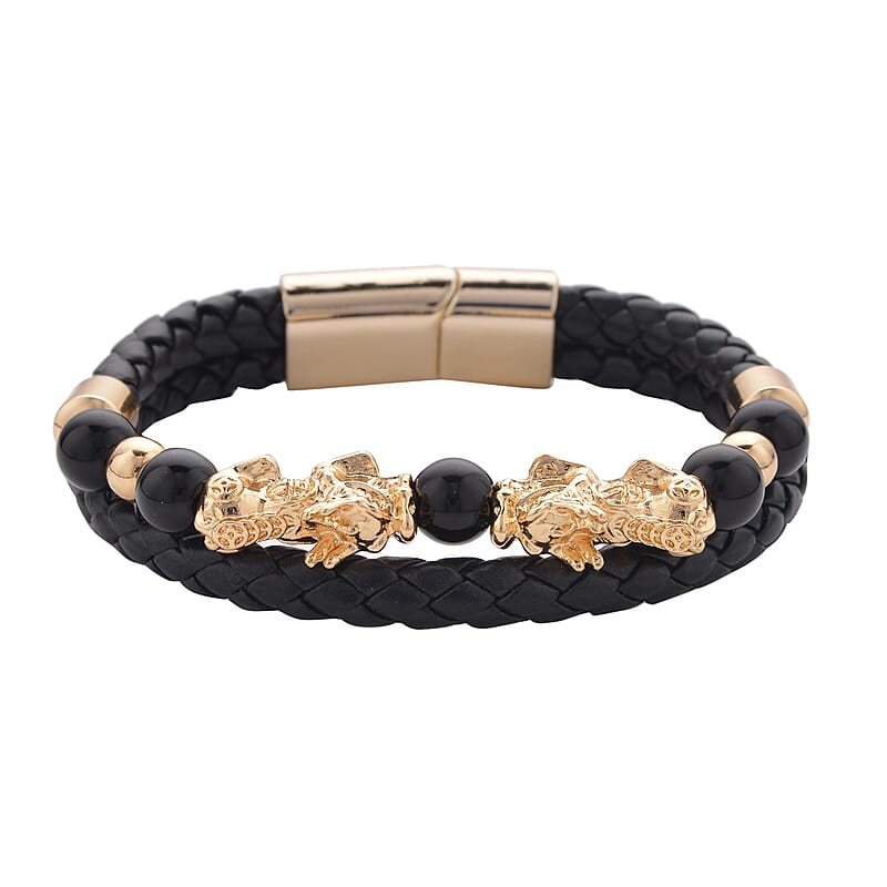  Black Obsidian Beaded and Faux Leather Feng Shui Pi-xiu Bracelet in Goldtone (8.50 In) 5.00 ctw
