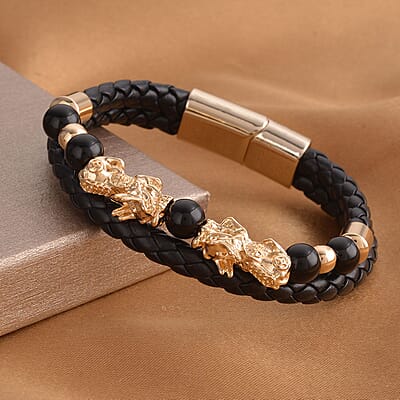  Black Obsidian Beaded and Faux Leather Feng Shui Pi-xiu Bracelet in Goldtone (8.50 In) 5.00 ctw