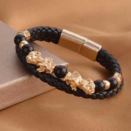 Black Obsidian Beaded and Faux Leather Feng Shui Pi-xiu Bracelet in Goldtone (8.50 In) 5.00 ctw image number 1