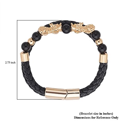  Black Obsidian Beaded and Faux Leather Feng Shui Pi-xiu Bracelet in Goldtone (8.50 In) 5.00 ctw
