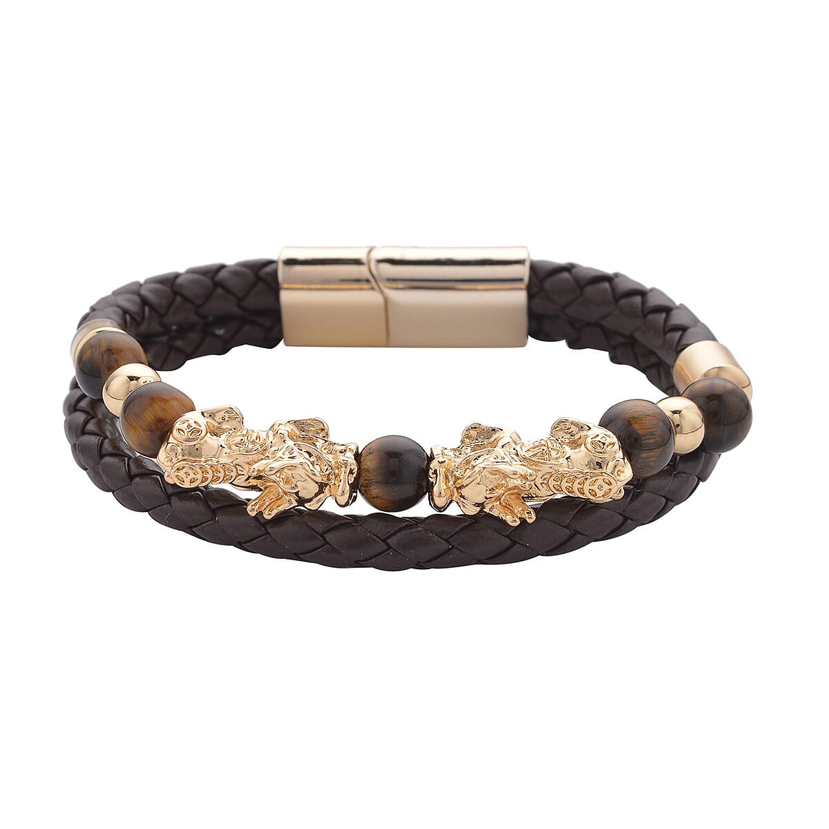Yellow Tiger's Eye Beaded and Faux Leather Feng Shui Pi-xiu Bracelet in Goldtone (8.50 In) 5.00 ctw image number 0