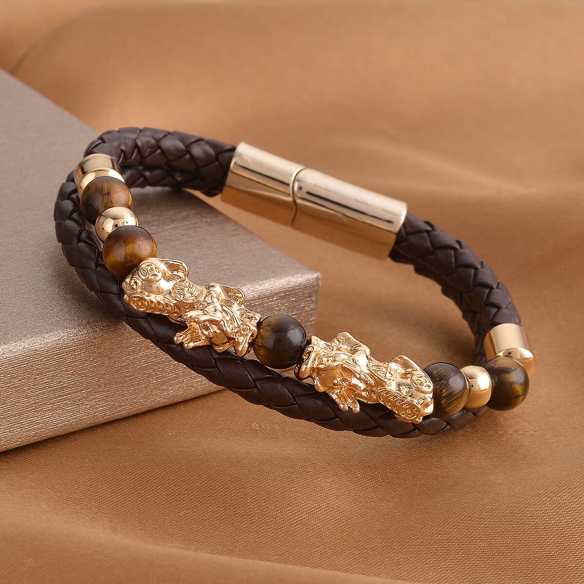 Yellow Tiger's Eye Beaded and Faux Leather Feng Shui Pi-xiu Bracelet in Goldtone (8.50 In) 5.00 ctw image number 1