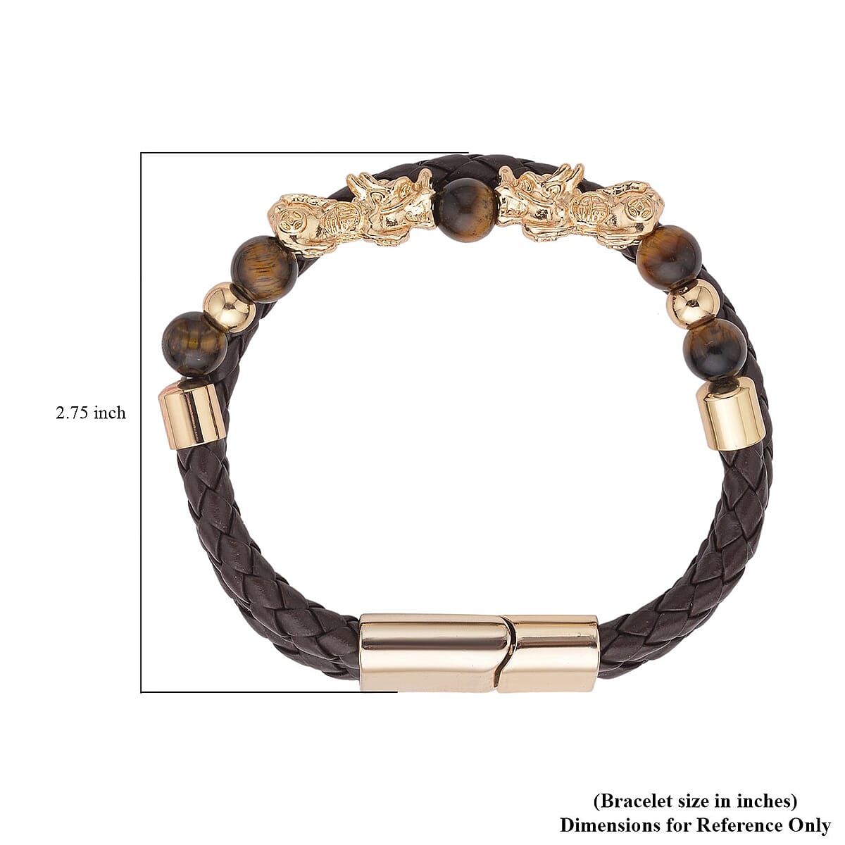 Yellow Tiger's Eye Beaded and Faux Leather Feng Shui Pi-xiu Bracelet in Goldtone (8.50 In) 5.00 ctw image number 2