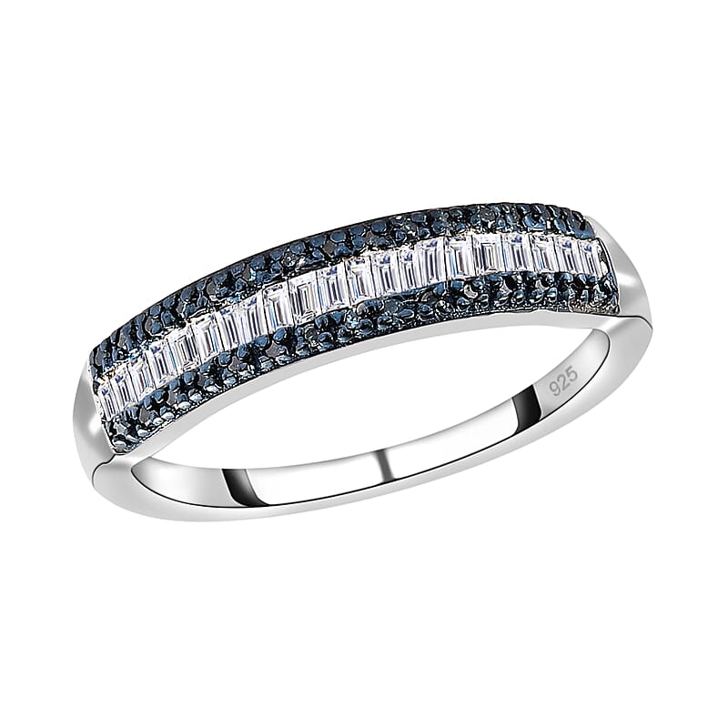 Blue Diamond (IR) and Diamond 0.25 ctw Band Ring in Platinum Over Sterling Silver (Size 10.0)