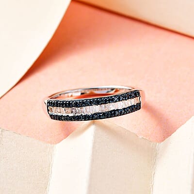 Blue Diamond (IR) and Diamond 0.25 ctw Band Ring in Platinum Over Sterling Silver (Size 10.0)