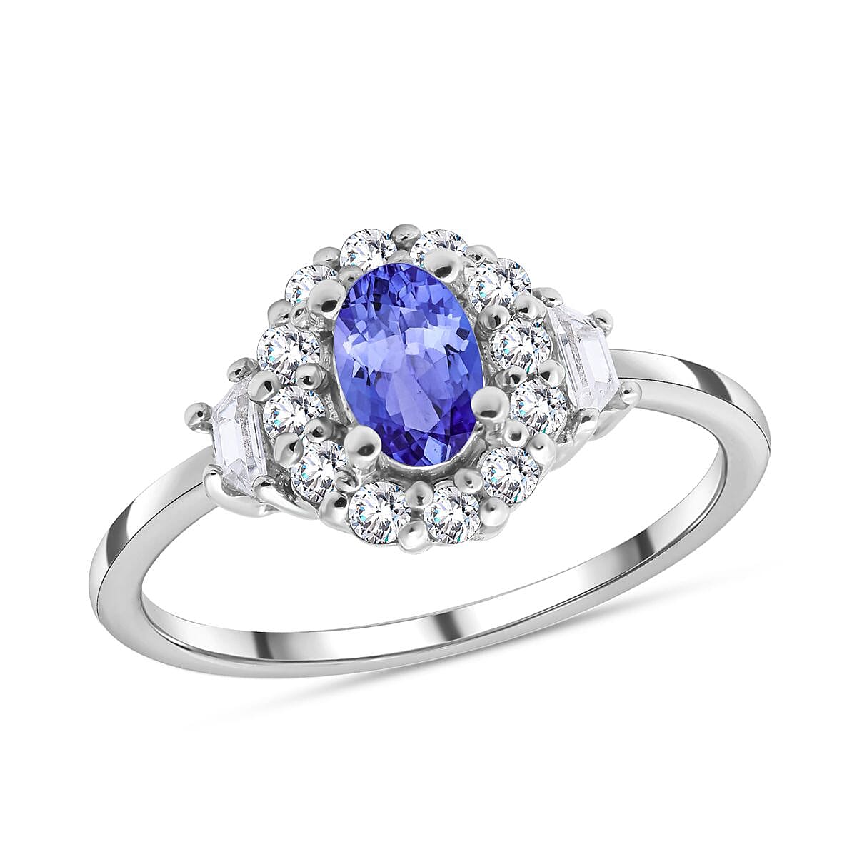 Tanzanite and White Zircon 1.15 ctw Ring in Platinum Over Sterling Silver (Size 5.5)