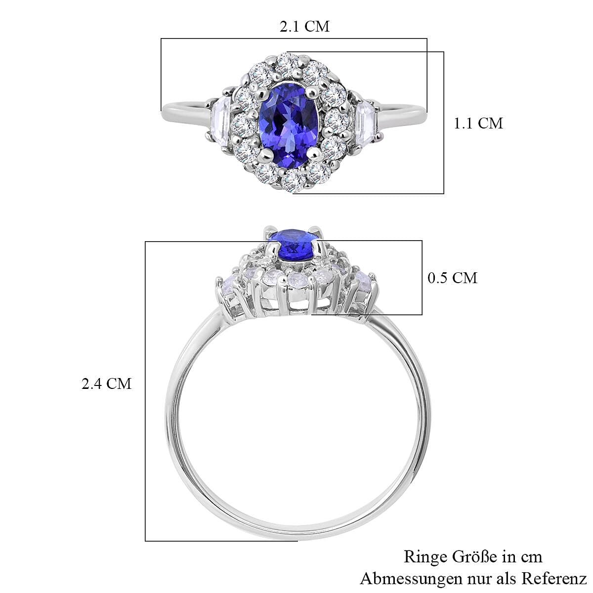 Tanzanite and White Zircon 1.15 ctw Ring in Platinum Over Sterling Silver (Size 5.5)