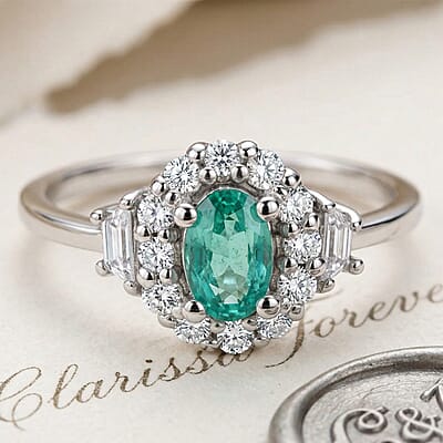Emerald and White Zircon 1.10 ctw Ring in Platinum Over Sterling Silver (Size 10.0)