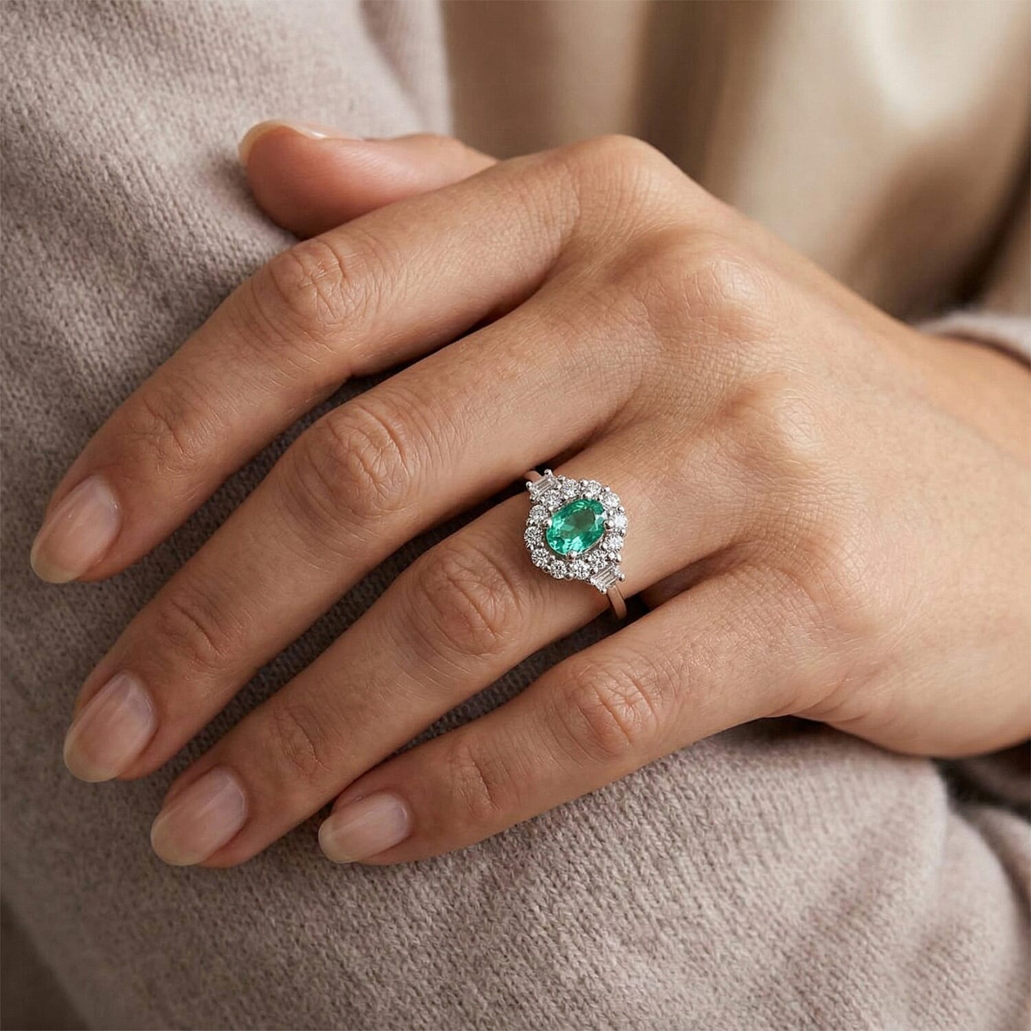 Emerald and White Zircon 1.10 ctw Ring in Platinum Over Sterling Silver (Size 10.0)