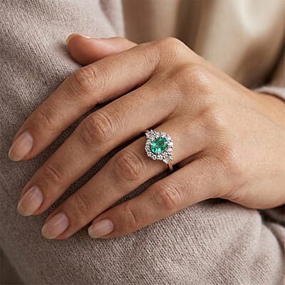 Emerald and White Zircon 1.10 ctw Ring in Platinum Over Sterling Silver (Size 10.0)