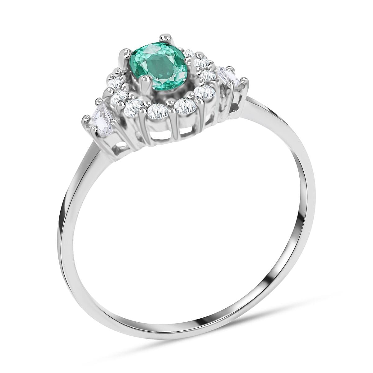 Emerald and White Zircon 1.10 ctw Ring in Platinum Over Sterling Silver (Size 10.0)